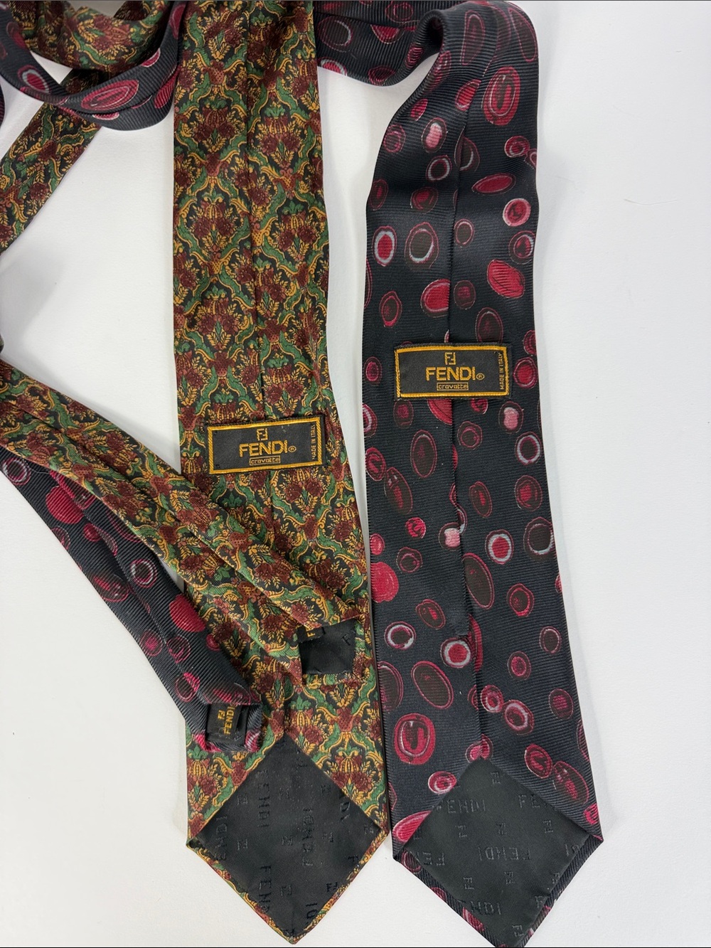 2 Vintage Fendi Silk Necktie Pair in Black, Red and Green Patterns